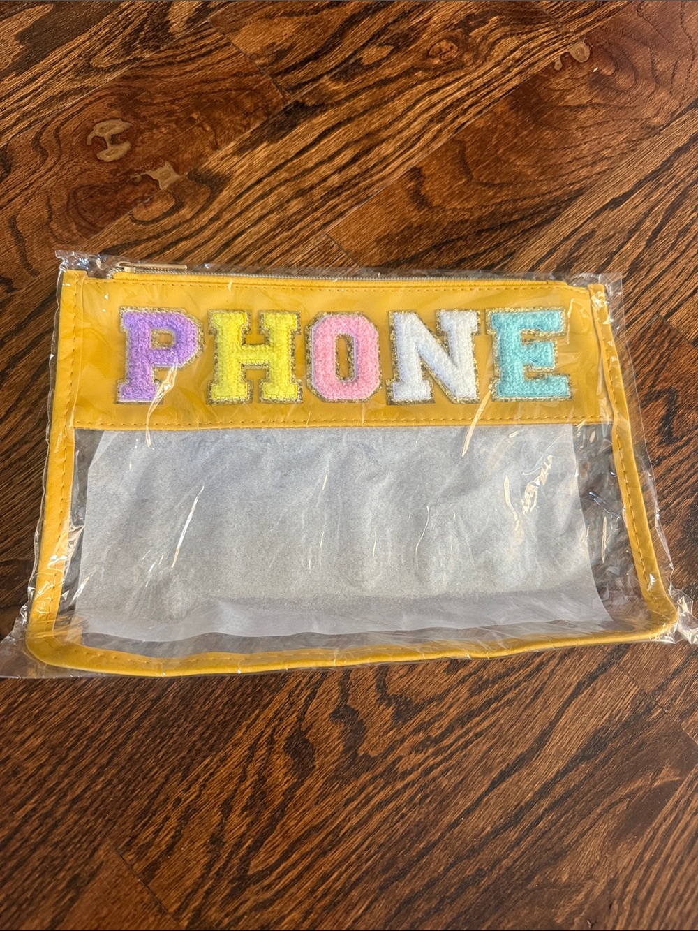 Yellow Clear Phone Pouch with Colorful Lettering